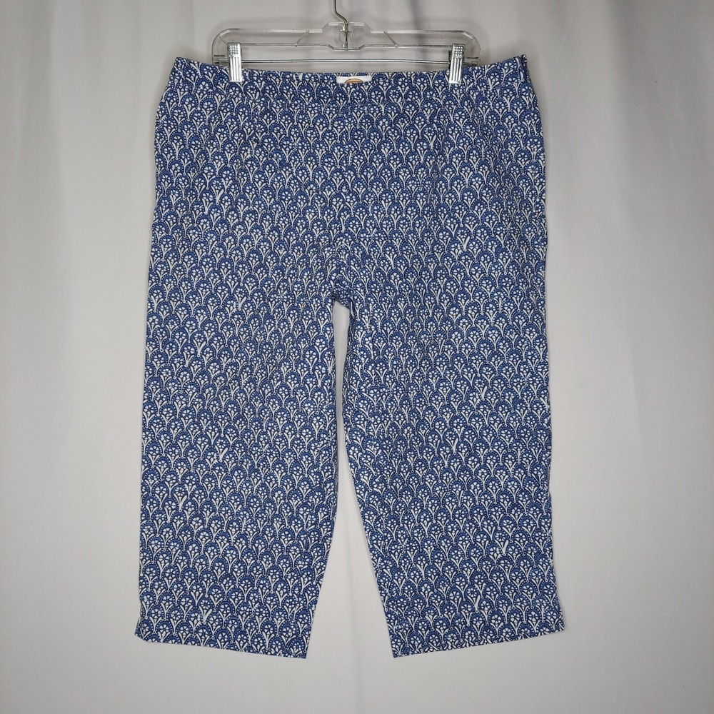 Talbots Vtg Capri Pants Womens Petite 16WP Blue Print Side Zip No-Pocket Stretch